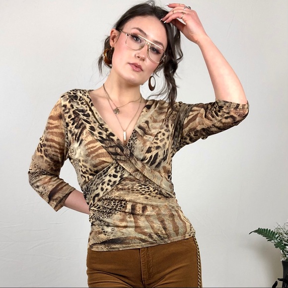 1990s leopard print cross front micromesh blouse - Picture 4 of 6